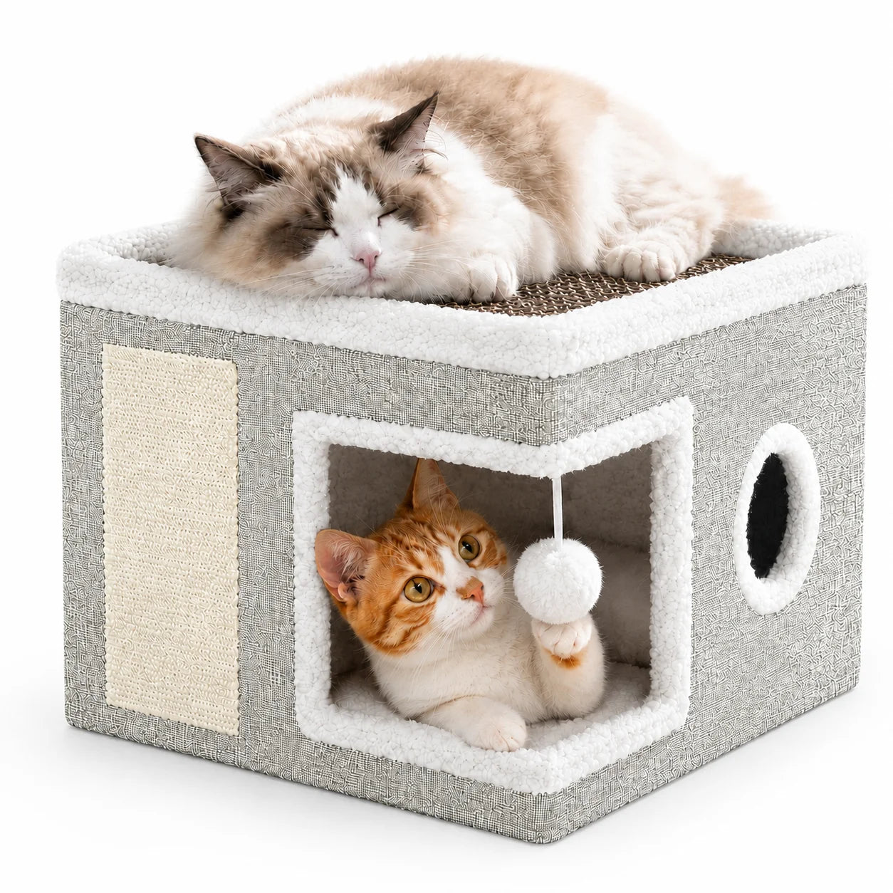 Cat Bed Cat House for Indoor Cats with 2 Cushion, Large Cat Cave with Scratch Pad and Fluffy Ball Hanging, Light Gray