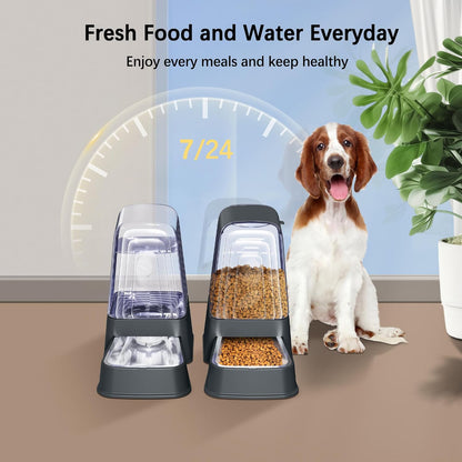 Automatic Dog and Cat Food Feeder and Water Dispenser Set with Stainless Steel Bowls,Gravity Pet Food and Water Feeders,100% Bpa-Free,Large Capacity for Cats Dogs Pets… (5L Dark Gray)