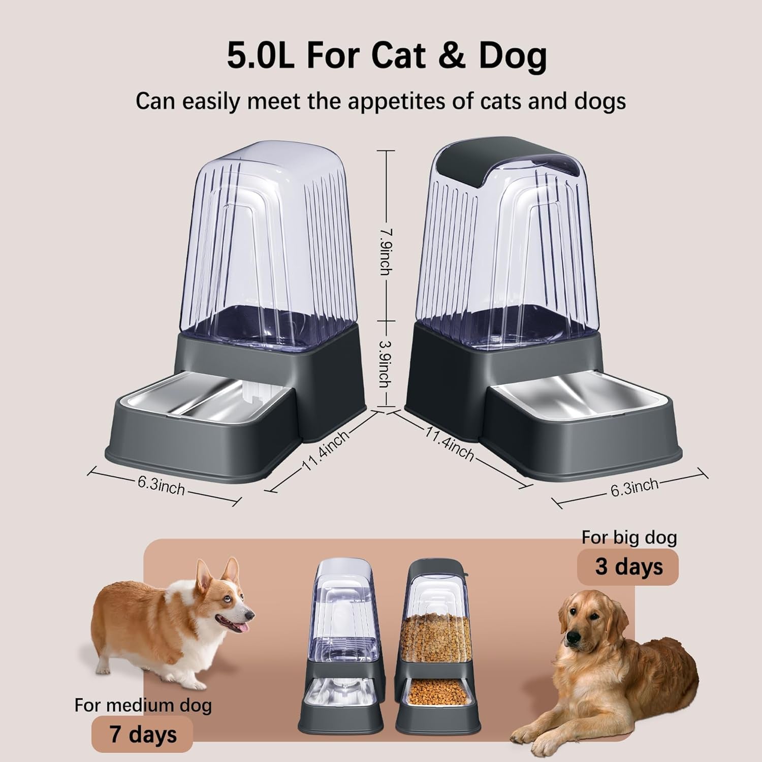 Automatic Dog and Cat Food Feeder and Water Dispenser Set with Stainless Steel Bowls,Gravity Pet Food and Water Feeders,100% Bpa-Free,Large Capacity for Cats Dogs Pets… (5L Dark Gray)