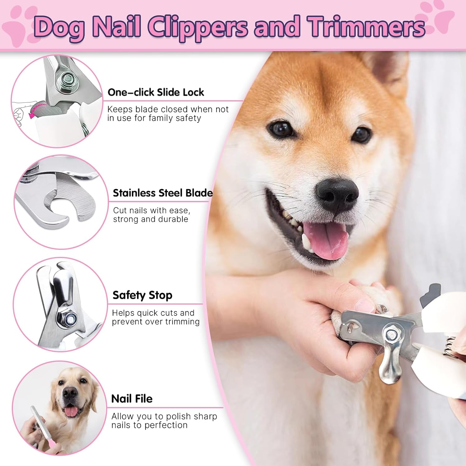Dog Brush Dog Grooming Kit 7PCS Dogs Brush for Shedding-Dogs Brushes for Grooming, Dematting Comb, Cat Nail Clipper with Nail File, Flea Comb, Pet Comb, Bath Brush-Pink