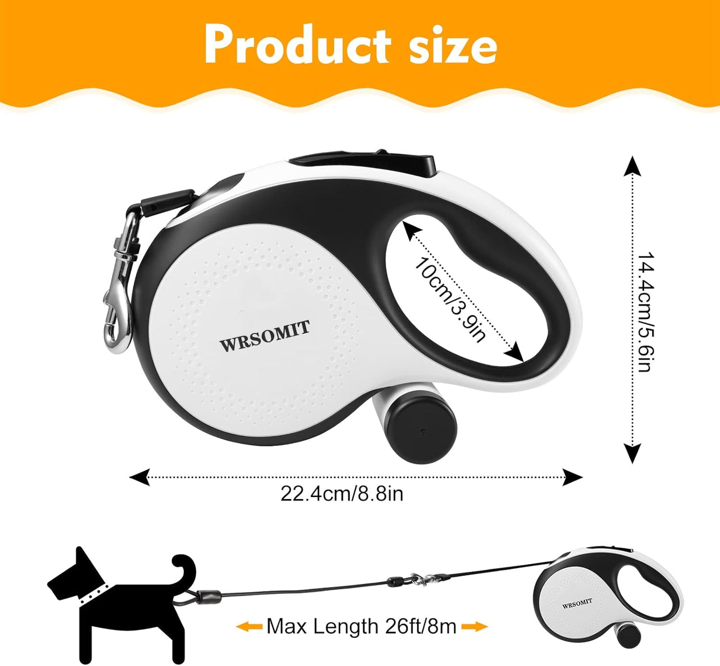 Retractable Dog Leash with Chew Proof Cable, 26Ft Heavy Duty Dog Leash for Medium Large Dogs up to 110Lbs, 360° No Tangle, One-Handed Brake (White, Large - 26Ft)