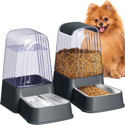 Automatic Dog and Cat Food Feeder and Water Dispenser Set with Stainless Steel Bowls,Gravity Pet Food and Water Feeders,100% Bpa-Free,Large Capacity for Cats Dogs Pets… (5L Dark Gray)