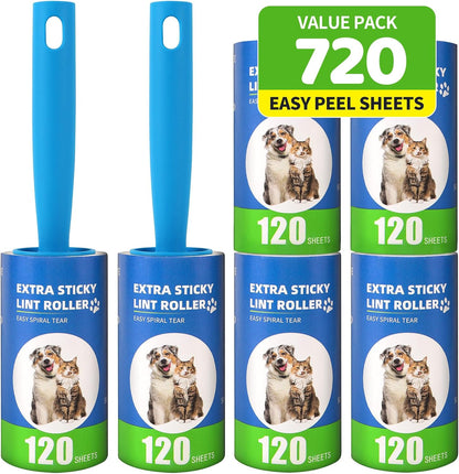 Lint Roller Refills with Handle 6 Pack (720 Sheets) | Extra Sticky, Fit 3.8"-4" Standard Size Lint Roller, Inner Diameter at 1.5", for Pet Hair, Clothes, Furniture, Cars