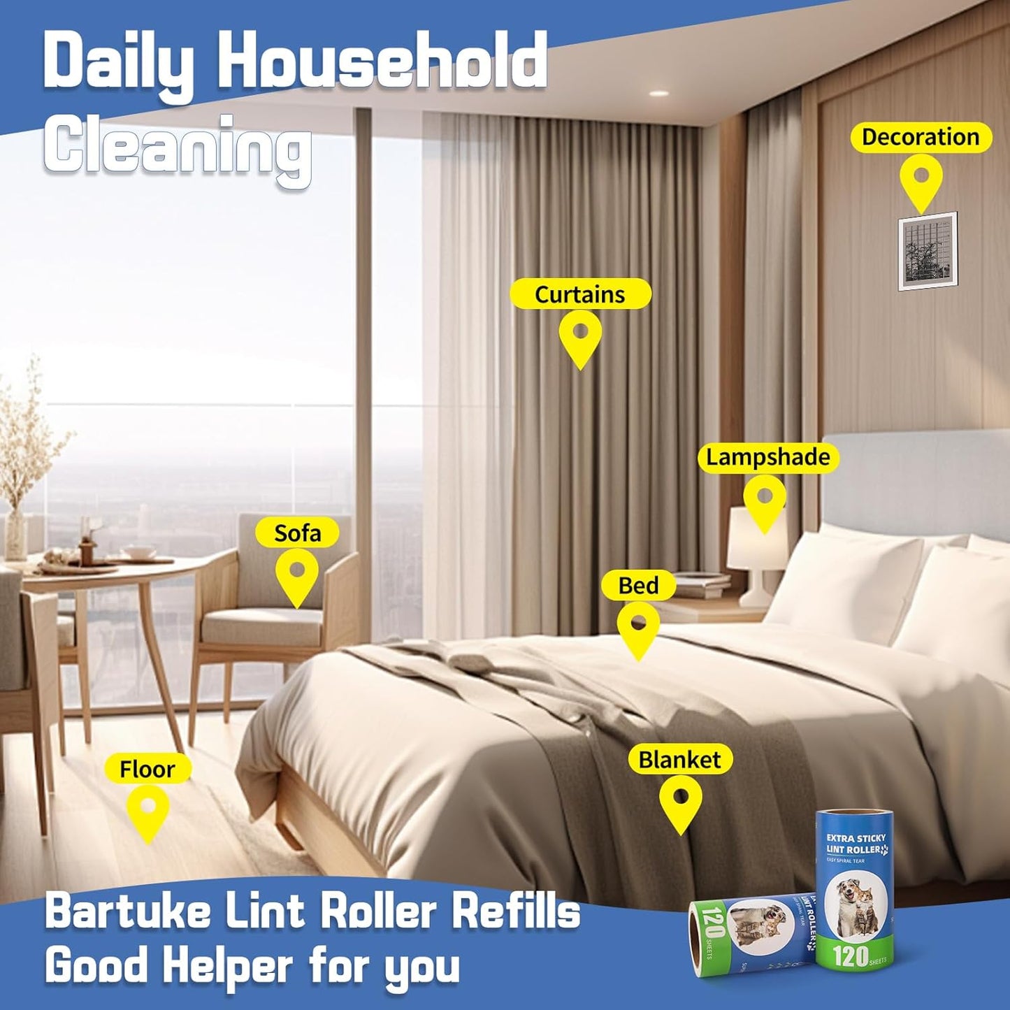 Lint Roller Refills with Handle 6 Pack (720 Sheets) | Extra Sticky, Fit 3.8"-4" Standard Size Lint Roller, Inner Diameter at 1.5", for Pet Hair, Clothes, Furniture, Cars