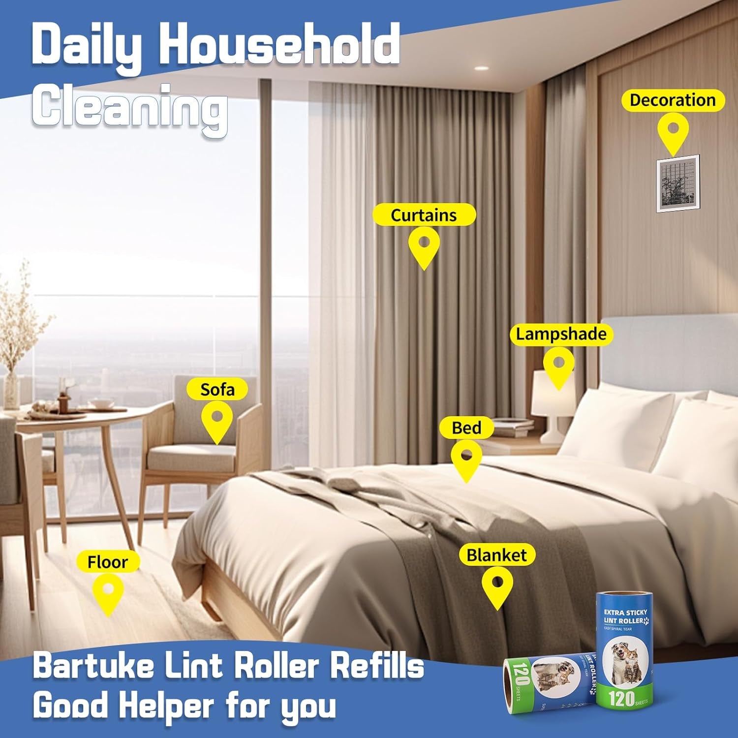 Lint Roller Refills with Handle 6 Pack (720 Sheets) | Extra Sticky, Fit 3.8"-4" Standard Size Lint Roller, Inner Diameter at 1.5", for Pet Hair, Clothes, Furniture, Cars