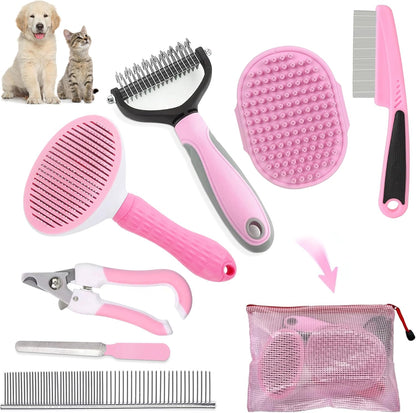 Dog Brush Dog Grooming Kit 7PCS Dogs Brush for Shedding-Dogs Brushes for Grooming, Dematting Comb, Cat Nail Clipper with Nail File, Flea Comb, Pet Comb, Bath Brush-Pink