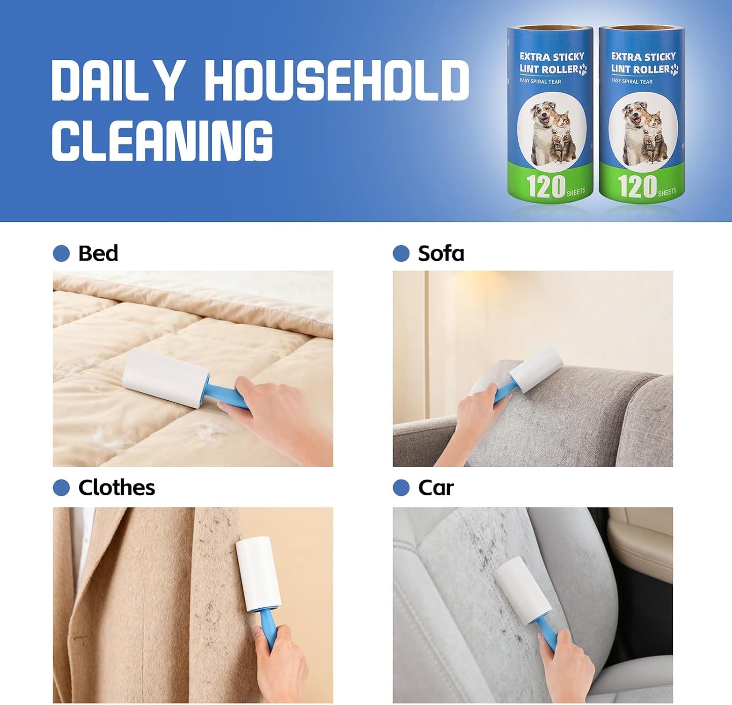 Lint Roller Refills with Handle 6 Pack (720 Sheets) | Extra Sticky, Fit 3.8"-4" Standard Size Lint Roller, Inner Diameter at 1.5", for Pet Hair, Clothes, Furniture, Cars