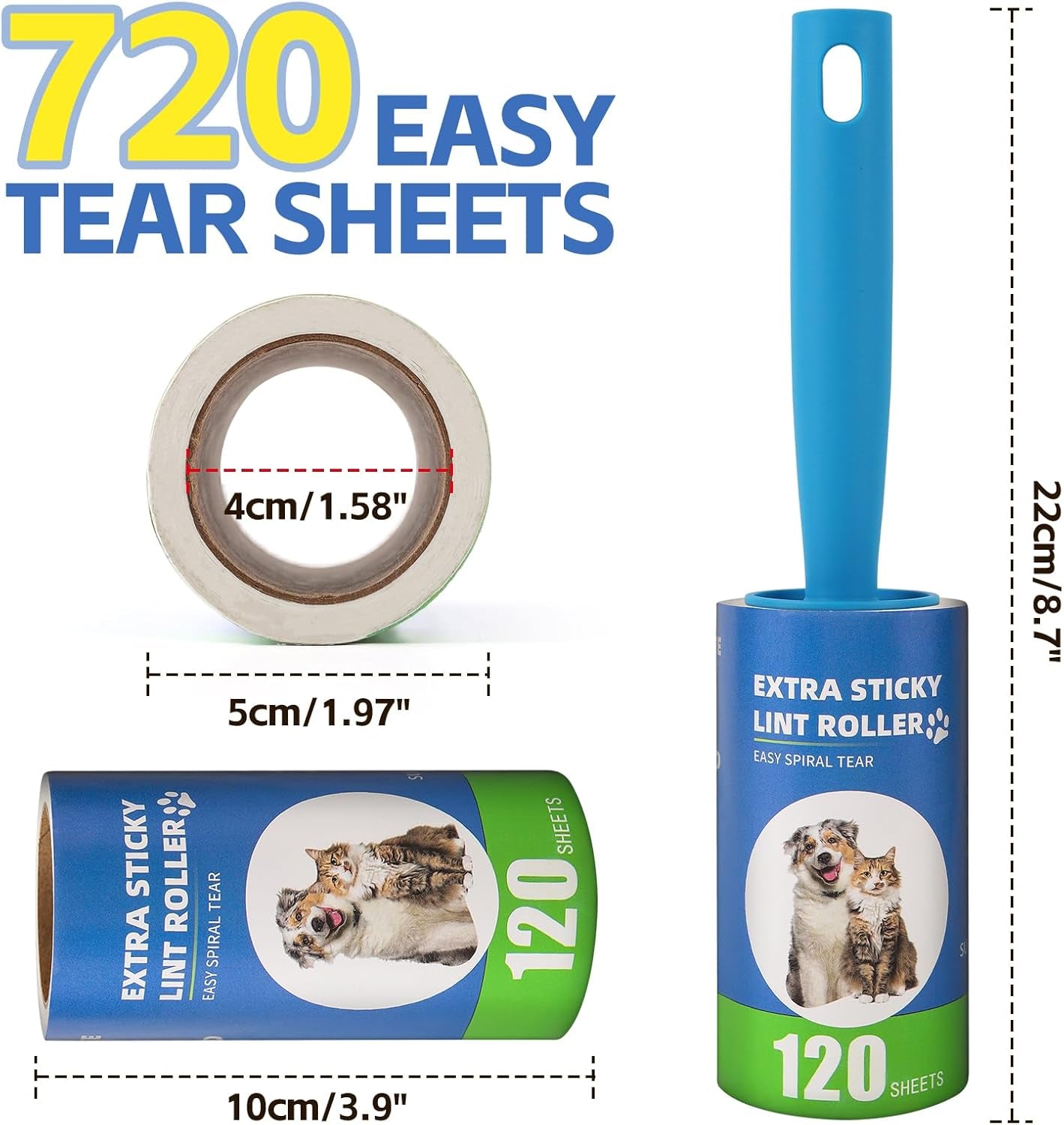 Lint Roller Refills with Handle 6 Pack (720 Sheets) | Extra Sticky, Fit 3.8"-4" Standard Size Lint Roller, Inner Diameter at 1.5", for Pet Hair, Clothes, Furniture, Cars